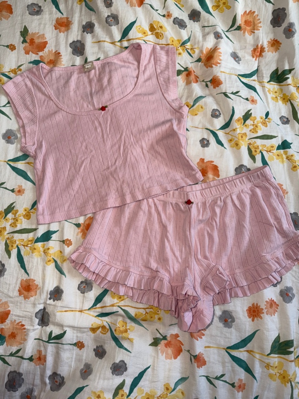 SHEIN Light Pink Ruffle-Trim Two-Piece Pajama Set